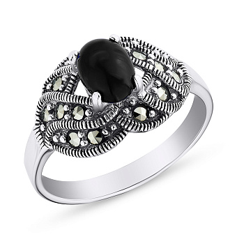 Фото Кольцо серебряное с ониксом и марказитами (арт. 7401/3997мкро)