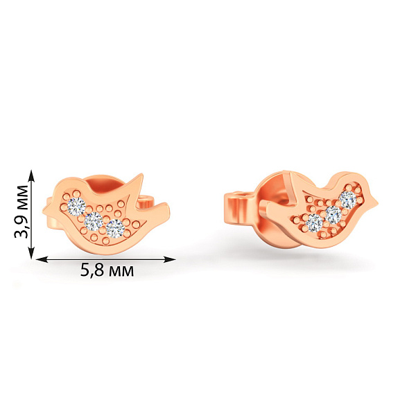 Золоті сережки-пусети "Пташка" з фіанітами  (арт. 110058) – зображення 4