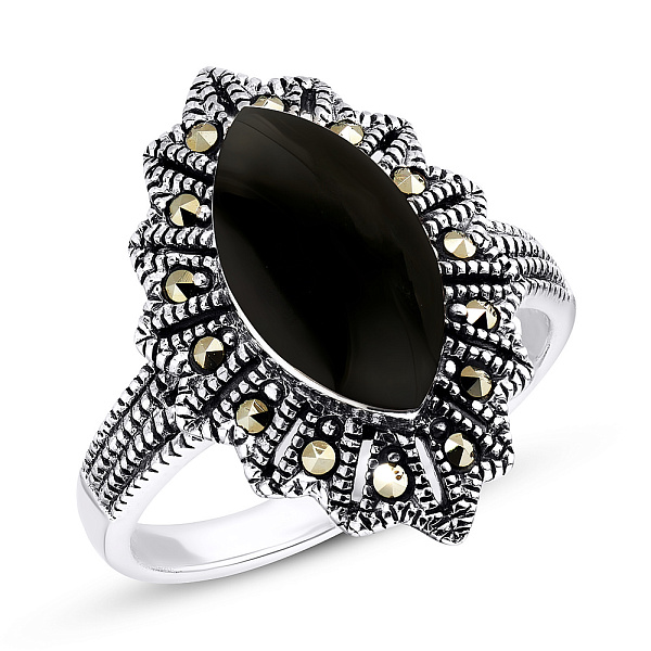 Серебряное кольцо с ониксом и марказитами (арт. 7401/4010мрко) – изображение 1