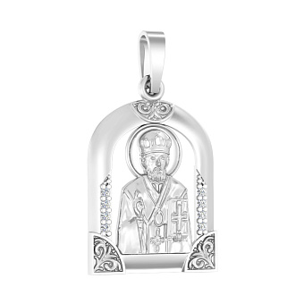 Ладанка из белого золота Николай Чудотворец с фианитами (арт. 440573б)