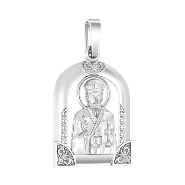 Ладанка з білого золота Миколай Чудотворець з фіанітами (арт. 440573б) – зображення 1