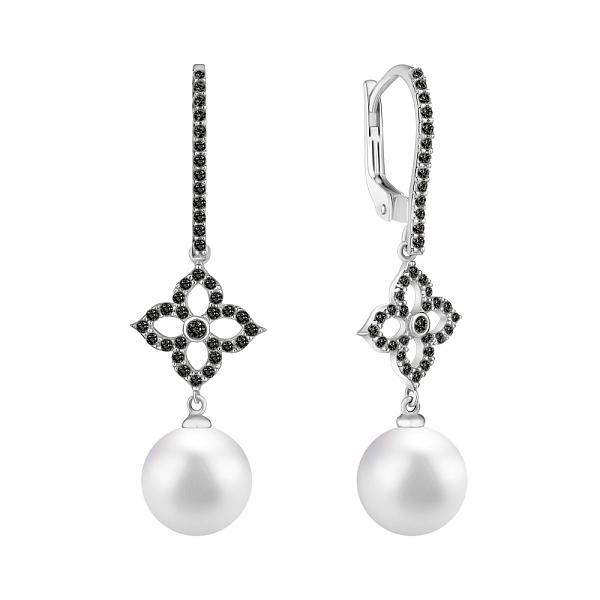 Сережки-підвіски з білого золота з перлами (арт. 101556бпрлбч) – зображення 1