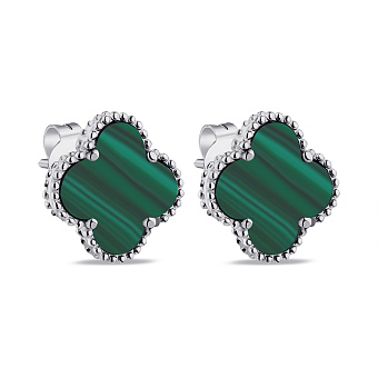 Серебряные серьги Клевер с малахитом (арт. 7518/5645/15млх)