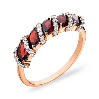 Каблучка з гранатом та фіанітами з червоного золота (арт. 140581Пк)