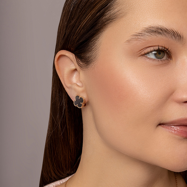 Золотые серьги Клевер с ониксом (арт. 1101201/12о) – изображение 3