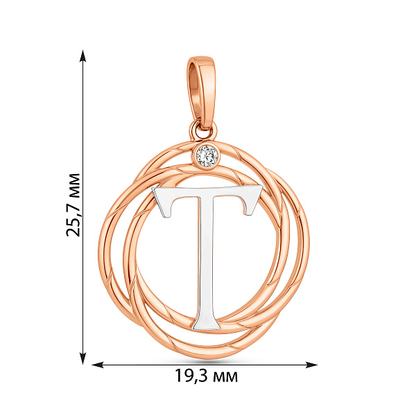 Золотой подвес "Буква Т" с одним фианитом (арт. 440679) – изображение 2