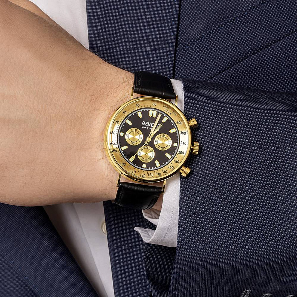 Золотые кварцевые часы с кожаным ремешком (арт. 260240жчч) – изображение 4