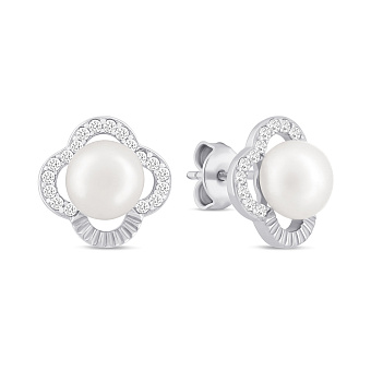 Серебряные серьги пусеты с жемчугом и фианитами (арт. 7518/7165жб)