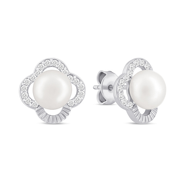 Серебряные серьги пусеты с жемчугом и фианитами (арт. 7518/7165жб) – изображение 1