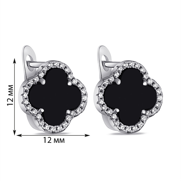 Срібні сережки Конюшина з оніксом та фіанітами (арт. 7502/СК2ОФ/1204) – зображення 2
