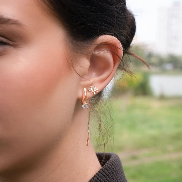 Золоті сережки-протяжки «Дерево» з фіанітами (арт. 109925) – зображення 2