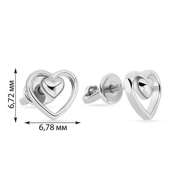 Сережки-пусети «Сердечка» з білого золота (арт. 107218б) – зображення 2