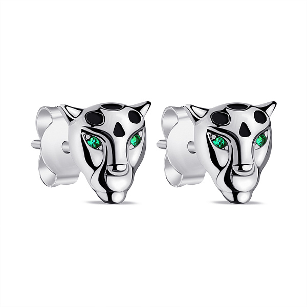 Серебряные серьги-пусеты Пантеры с эмалью и альпинитами (арт. 7518/6594еч) – изображение 1