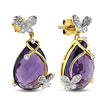 Фото Сережки з жовтого золота з кварцом і фіанітами (арт. 104556жПкф)