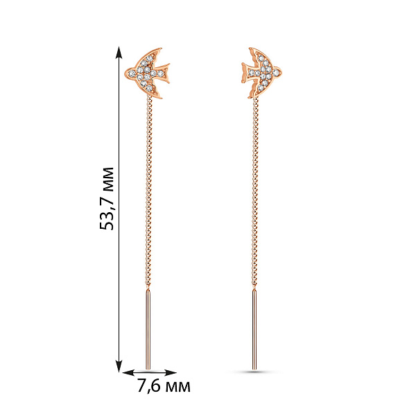 Золоті сережки-протяжки Пташки з фіанітами (арт. 109924) – зображення 3
