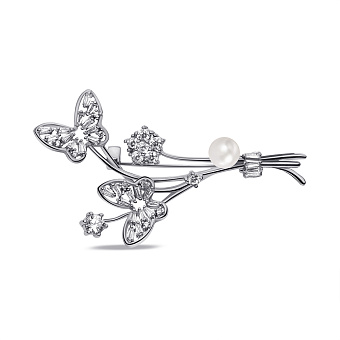 Серебряная брошь Бабочки с жемчугом и фианитами (арт. 7505/222жб)