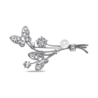 Срібна брошка Метелики з перлиною і фіанітами (арт. 7505/222жб)