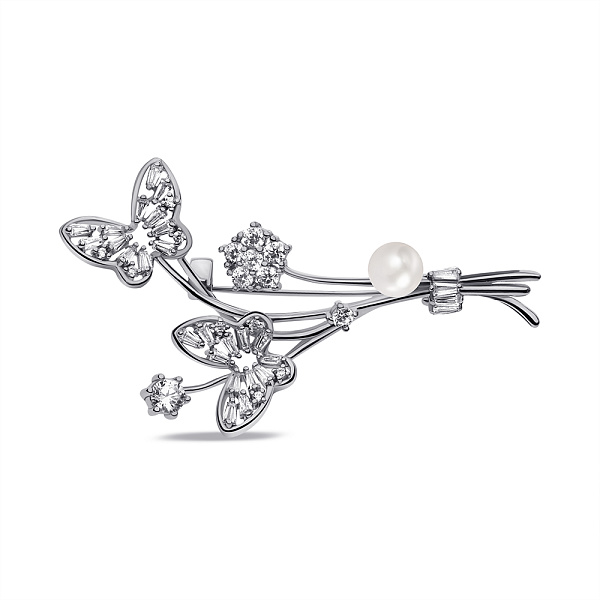 Срібна брошка Метелики з перлиною і фіанітами (арт. 7505/222жб) – зображення 1