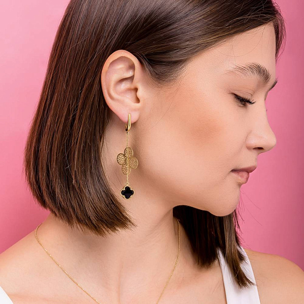 Сережки-підвіски з жовтого золота з оніксом (арт. 104532жо) – зображення 3