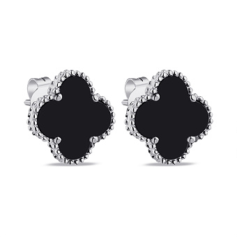 Серебряный серьги Клевер с ониксом (арт. 7518/5645/15о)