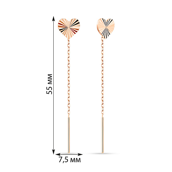 Серьги-цепочки «Сердечки» из красного золота (арт. 107761) – изображение 2