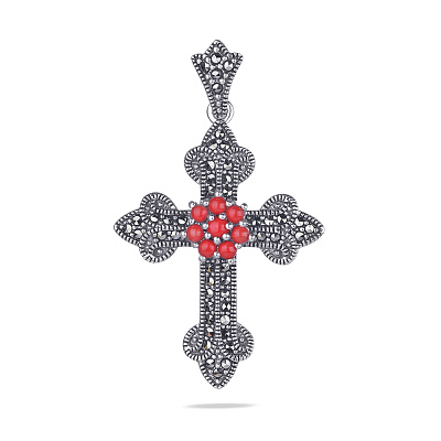 Срібний хрестик з коралом і марказитами (арт. 7403/2866мркКрк)