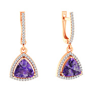 Золотые сережки-подвески с аметистом и фианитами  (арт. 110393Па)