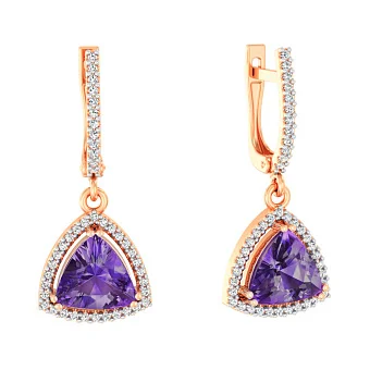 Золотые сережки-подвески с аметистом и фианитами  (арт. 110393Па)