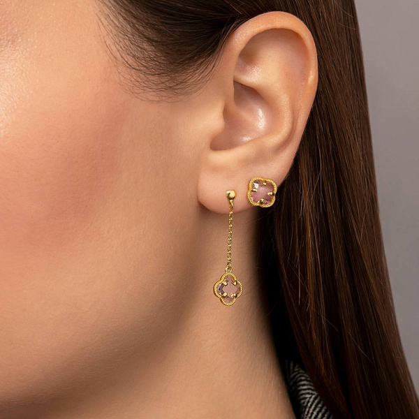 Сережки-підвіски з жовтого золота з рожевими фіанітами (арт. 1091794жр) – зображення 2