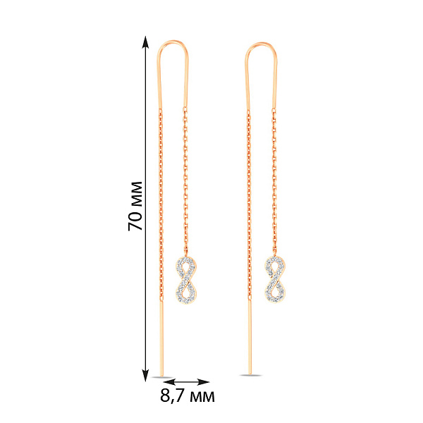 Золотые серьги-протяжки "Бесконечность" с фианитами (арт. 110971) – изображение 2