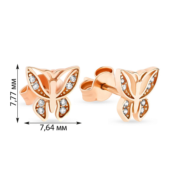 Пусети «Метелики» з червоного золота з фіанітами (арт. 106491) – зображення 2