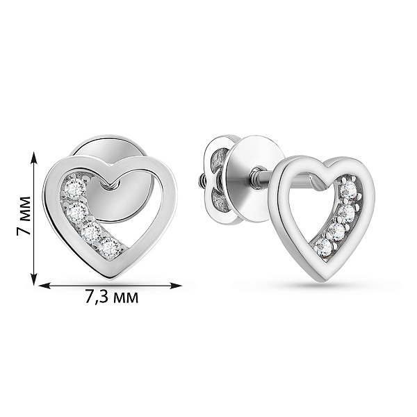 Серьги-пусеты Сердце из белого золота с фианитами  (арт. 110698б) – изображение 2