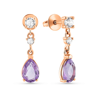 Золотые серьги-подвески с аметистом и фианитами (арт. 1101149Па)