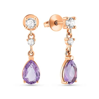 Золоті сережки-підвіски з аметистом і фіанітами (арт. 1101149Па)