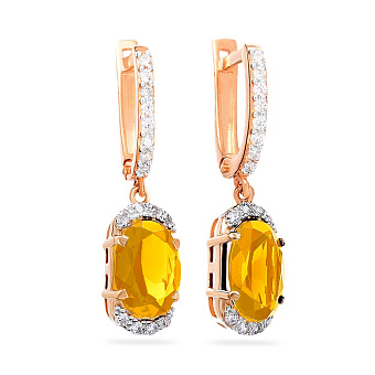 Фото Золотые серьги-подвески с цитрином и фианитами (арт. 110283Пц)