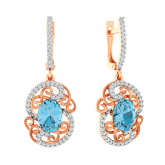 Золотые серьги подвески с топазом и фианитами (арт. 110418Пг)