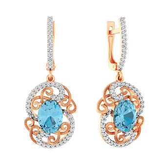 Золотые серьги подвески с топазом и фианитами (арт. 110418Пг)