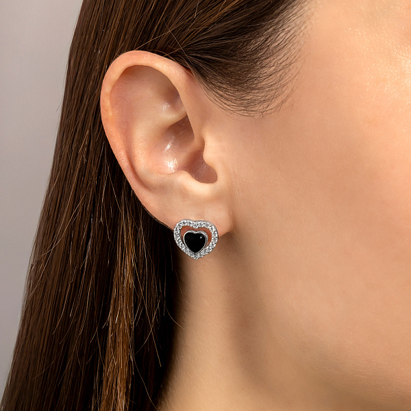 Серебряные серьги Сердце с ониксом и фианитами (арт. 7502/2328о) – изображение 2