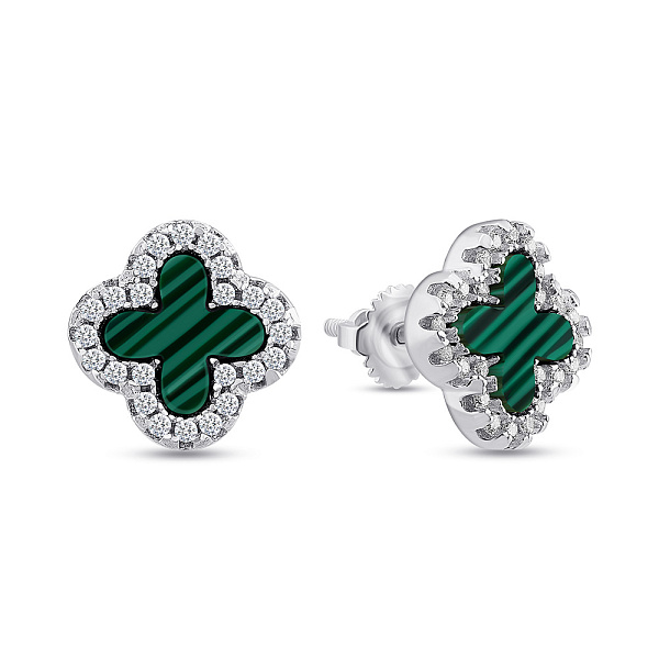 Серебряные серьги Клевер с малахитом (арт. 7518/7080/10млх) – изображение 1