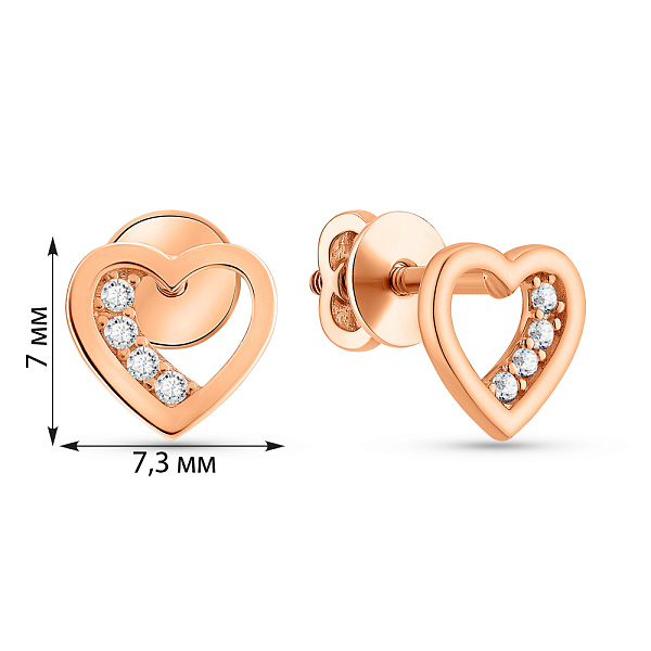 Сережки-пусети Серце з червоного золота з фіанітами  (арт. 110698) – зображення 3