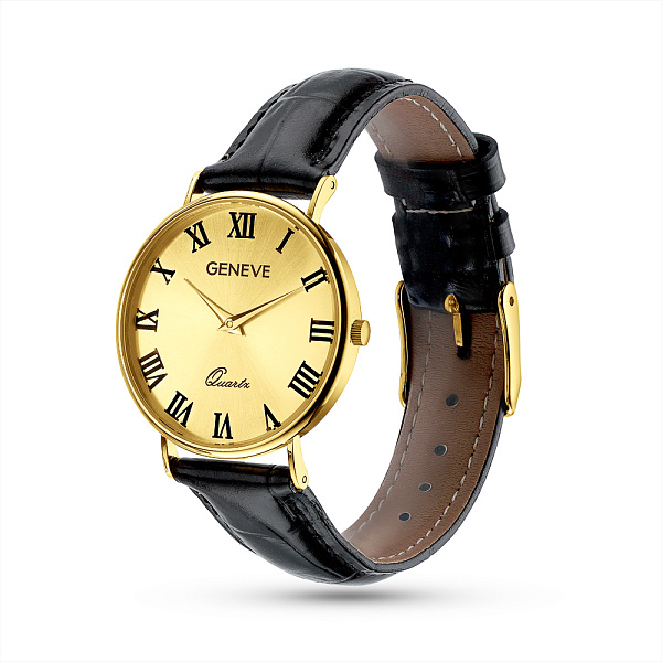 Золотые кварцевые часы с кожаным ремешком (арт. 260295жжч) – изображение 1