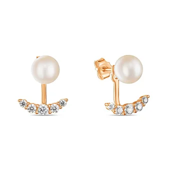 Сережки пусети-джекети з перлами та фіанітами (арт. 107582прлб)