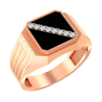 Печатка из красного золота с эмалью и фианитами (арт. 170041е)