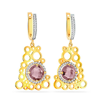 Золотые серьги подвески с кварцем и фианитами (арт. 103296ж)