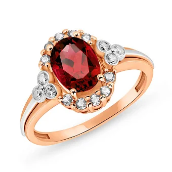 Каблучка з червоного золота з гранатом і фіанітами (арт. 140675Пкф)