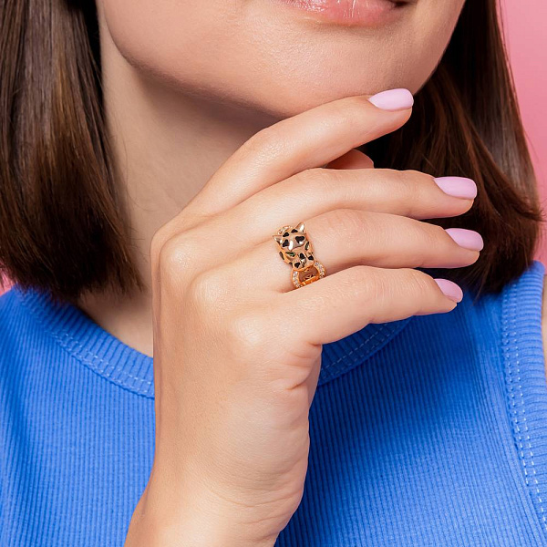 Золота каблучка Пантера з емаллю і фіанітами (арт. 156309еч) – зображення 3