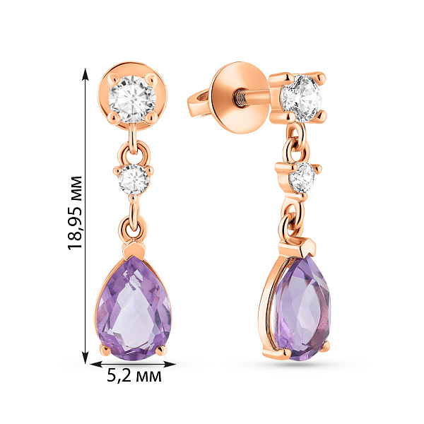 Золотые серьги-подвески с аметистом и фианитами (арт. 1101149Па) – изображение 4