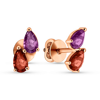 Серьги-пусеты из красного золота с гранатом и аметистом (арт. 111234Пкгр)