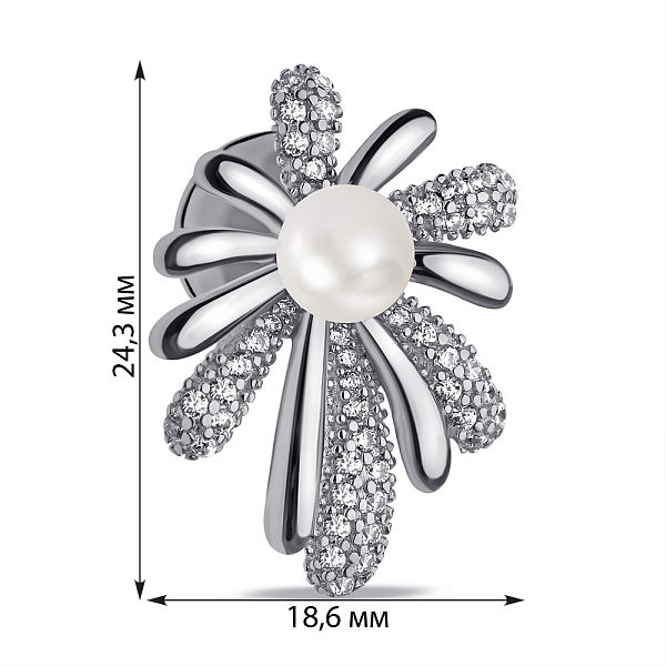 Срібна брошка Квітка з перлиною і фіанітами (арт. 7505/227жб) – зображення 2