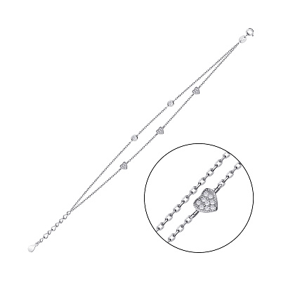Двойной браслет из серебра с сердечками и с фианитами  (арт. 7509/3256)